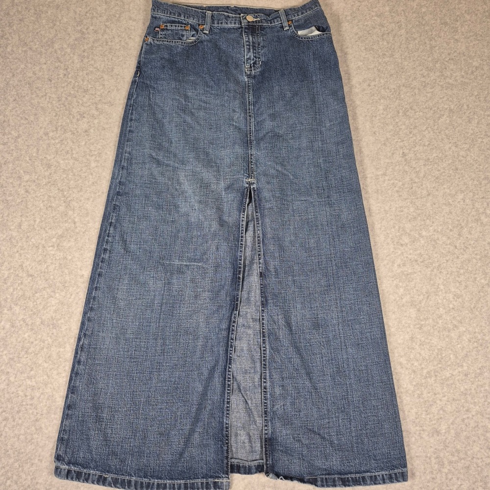 VTG Polo Jeans Co Ralph Lauren Denim Maxi Skirt Women 4 Blue Long Front Slit Y2K